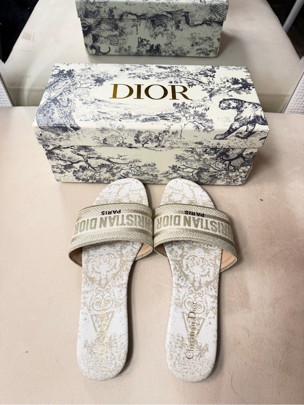 Dior Beige and Gold Toile Logo Slide Sandals - Women